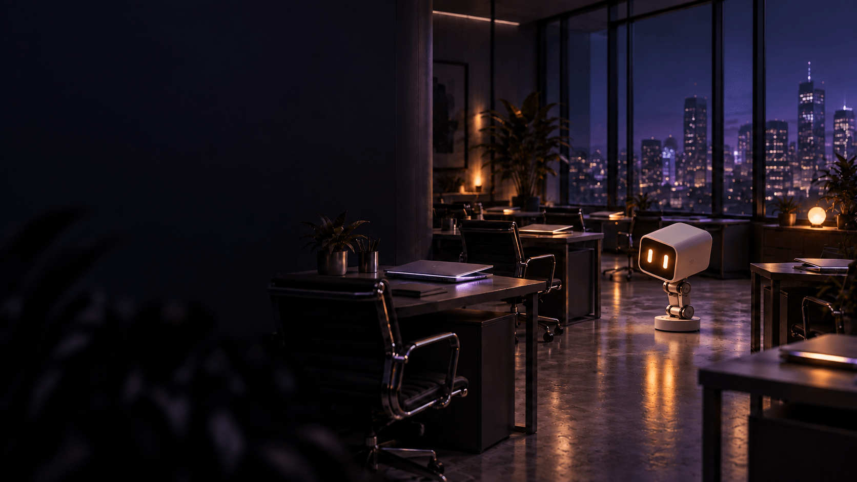 An empty office at night where nearly closed laptops glow beside a small ReadySolve desk-lamp robot