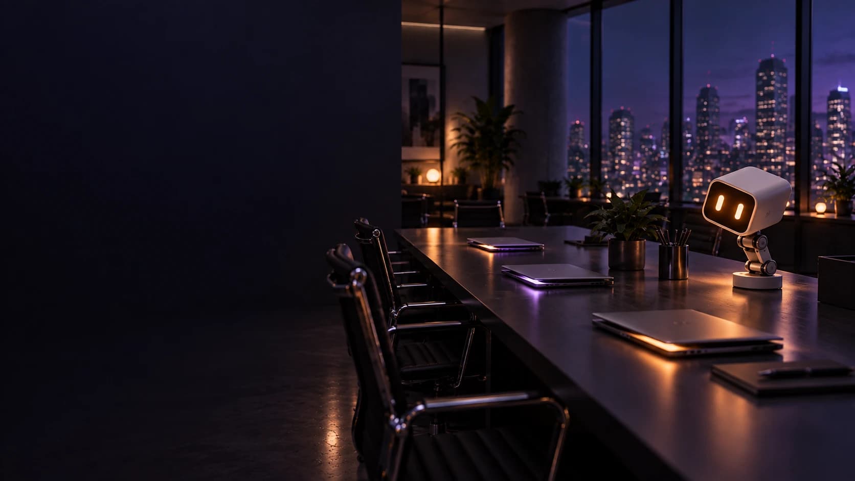 An empty office at night where nearly closed laptops glow beside a ReadySolve desk-lamp robot